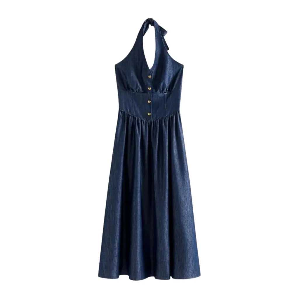 Flared Maxi Casual Denim Dress - Blue