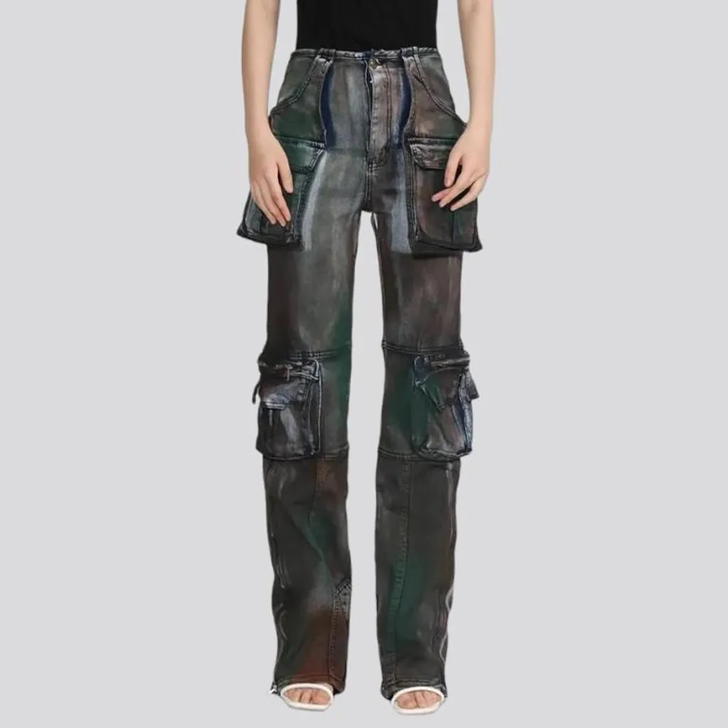 straight, painted, dark, vintage, voluminous, high-waist, cargo-pockets, zipper, women's jeans | Jeans4you.shop