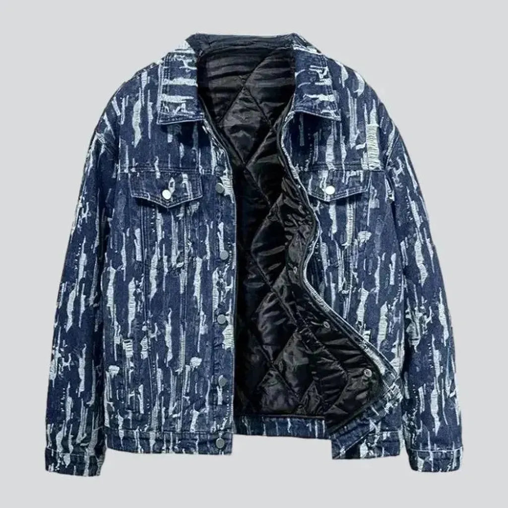 Distressed fleece men's denim jacket