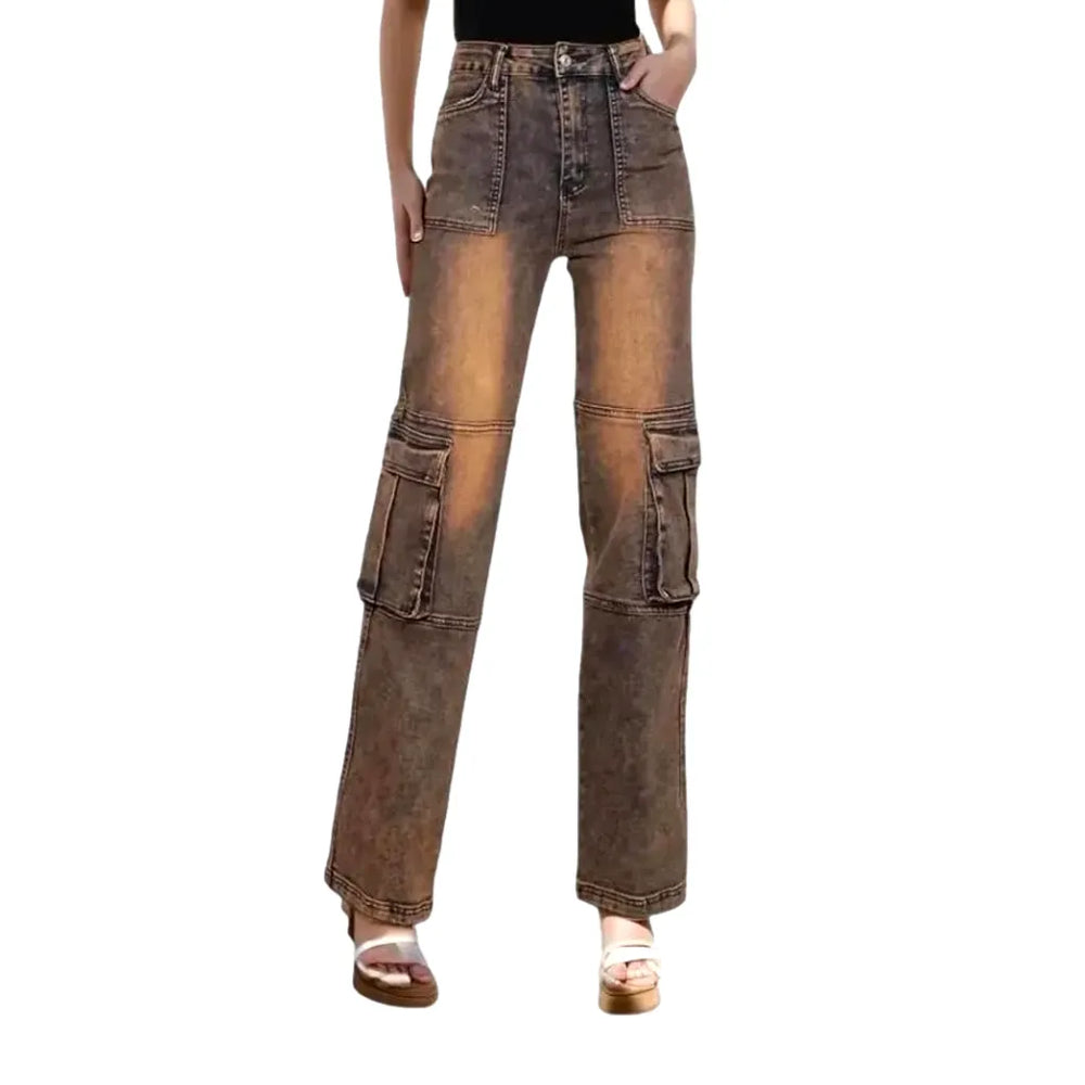 Vintage Pattern Cargo Fit Jeans for Ladies - Grey