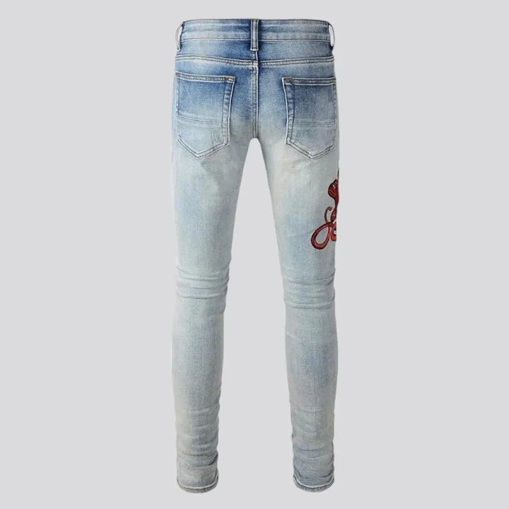 Sanded embroidered skinny red-cobra men's jeans