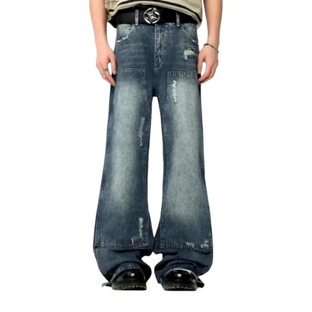 Baggy Mid-waist Distressed Jeans for Men - Light Blue