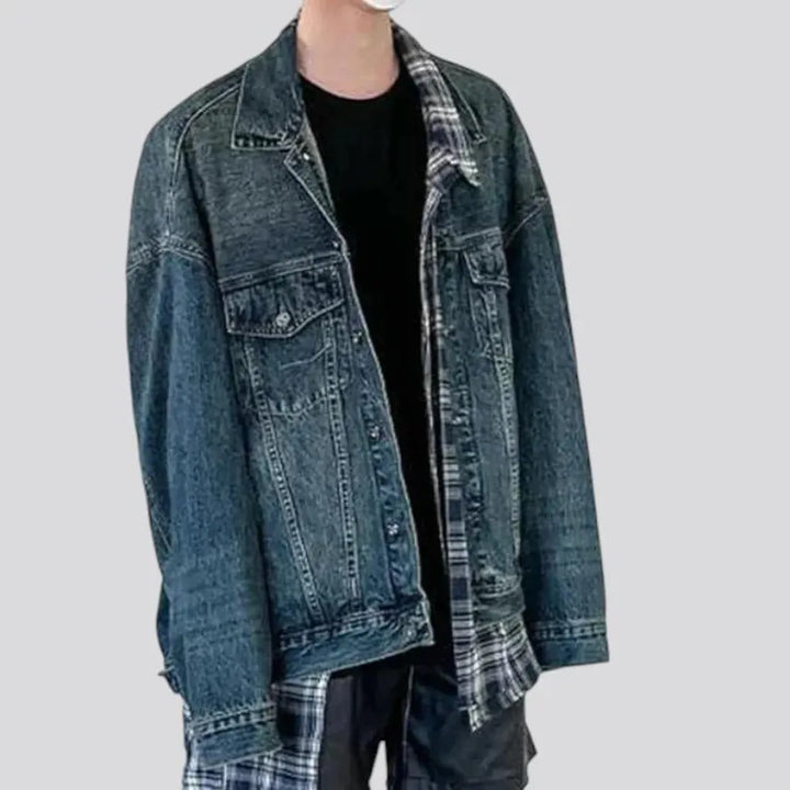 Faded mixed plaid boho jean jacket for men