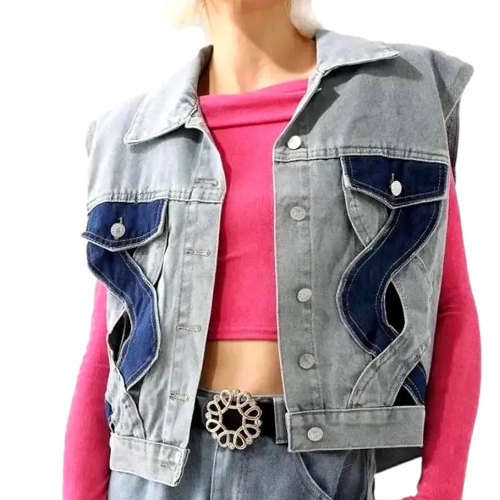 Fashionable Cutout Jeans Vest for Women - Light Blue