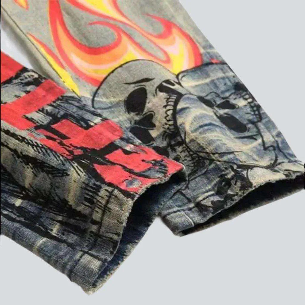 Graffiti print frayed men's jeans