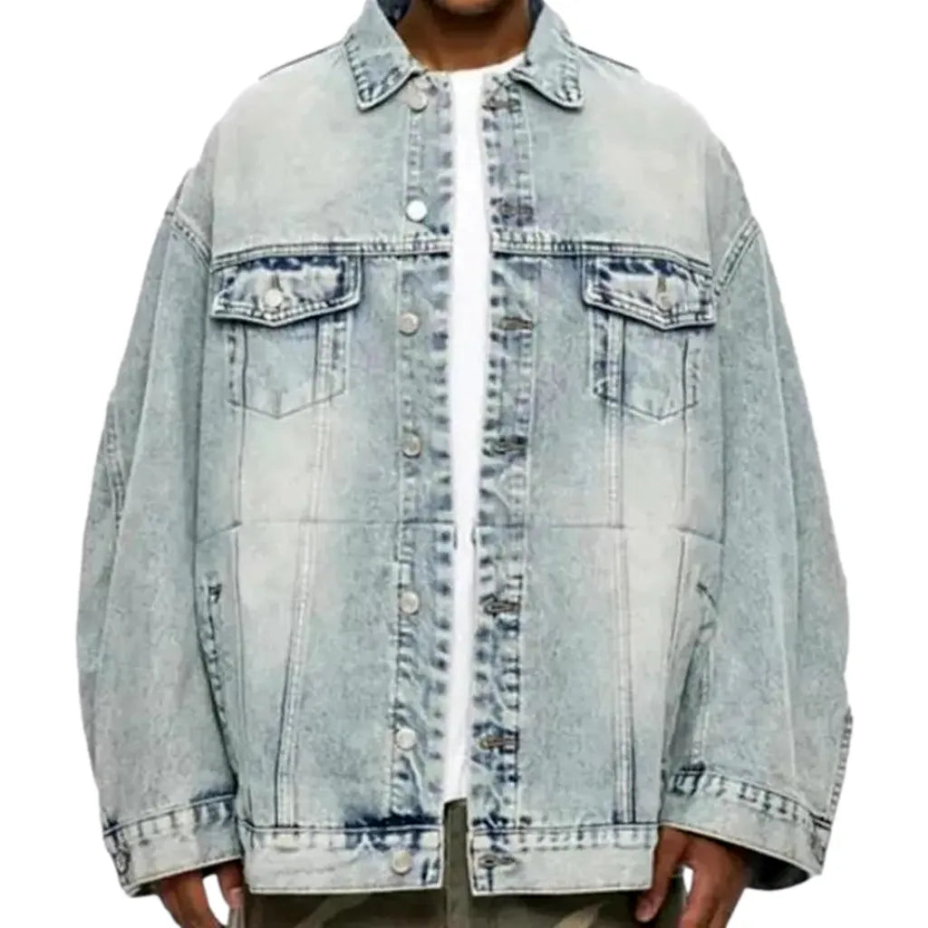 Medium Fit Abraded Oversized Jeans Jacket for Men - Light Blue