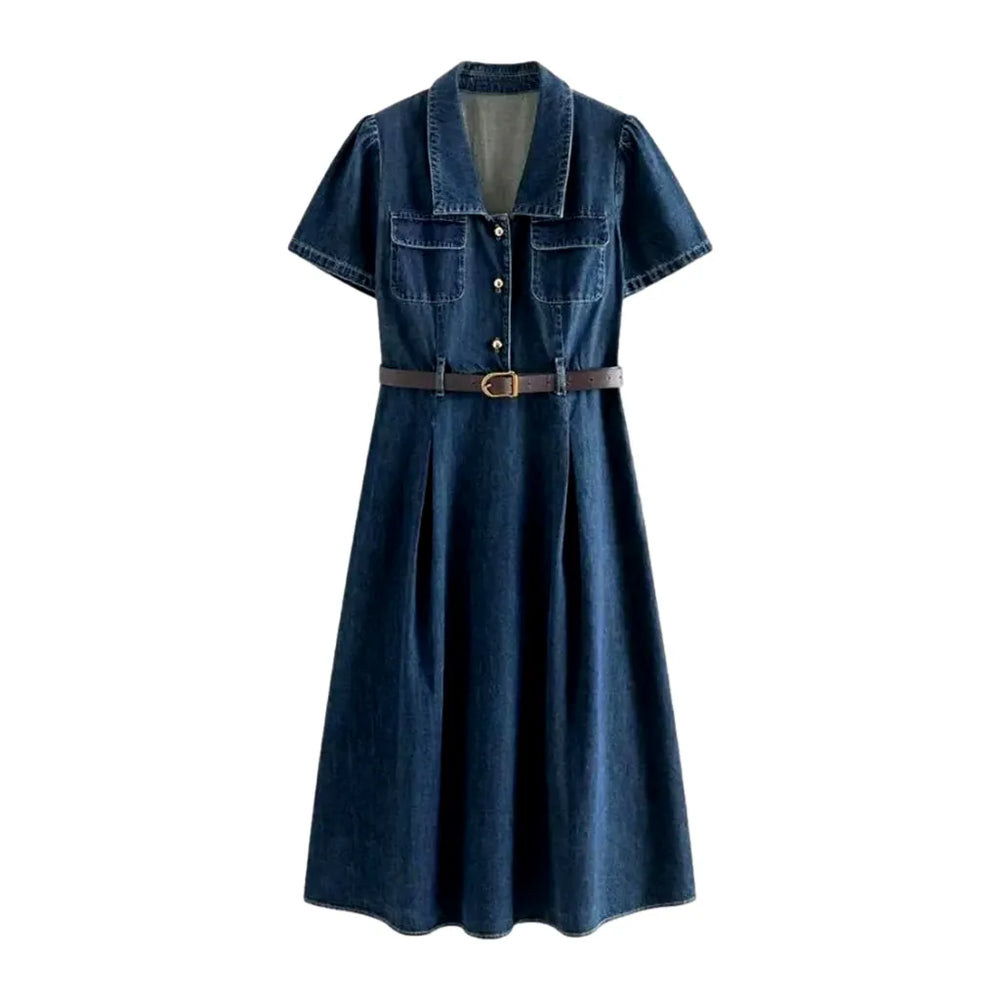 A Line Casual Midi Jeans Dress - Blue