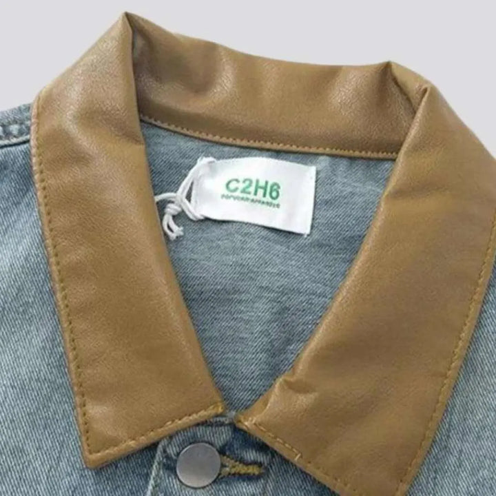 Brown collar street denim jacket
 for men