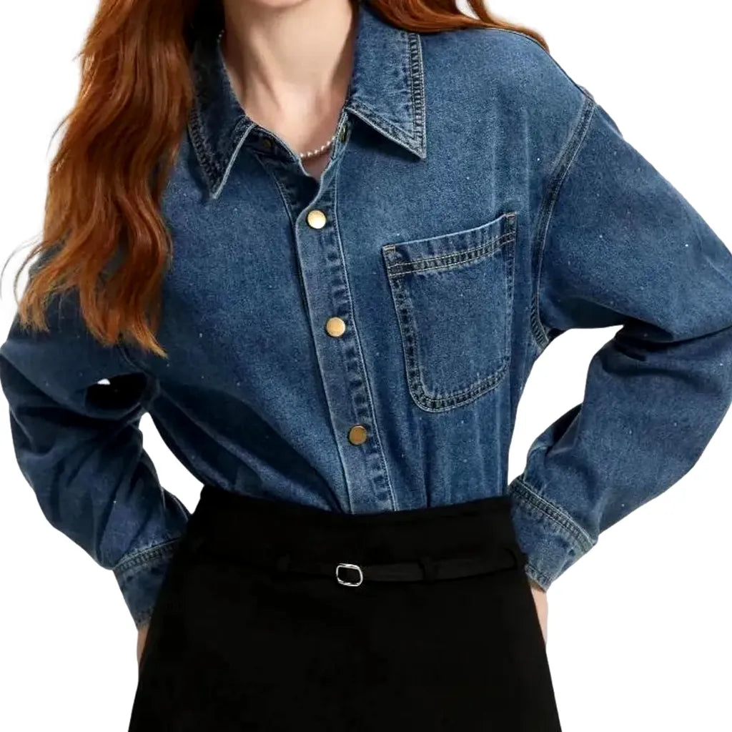 Retro Stonewashed Denim Shirt for Ladies - Blue