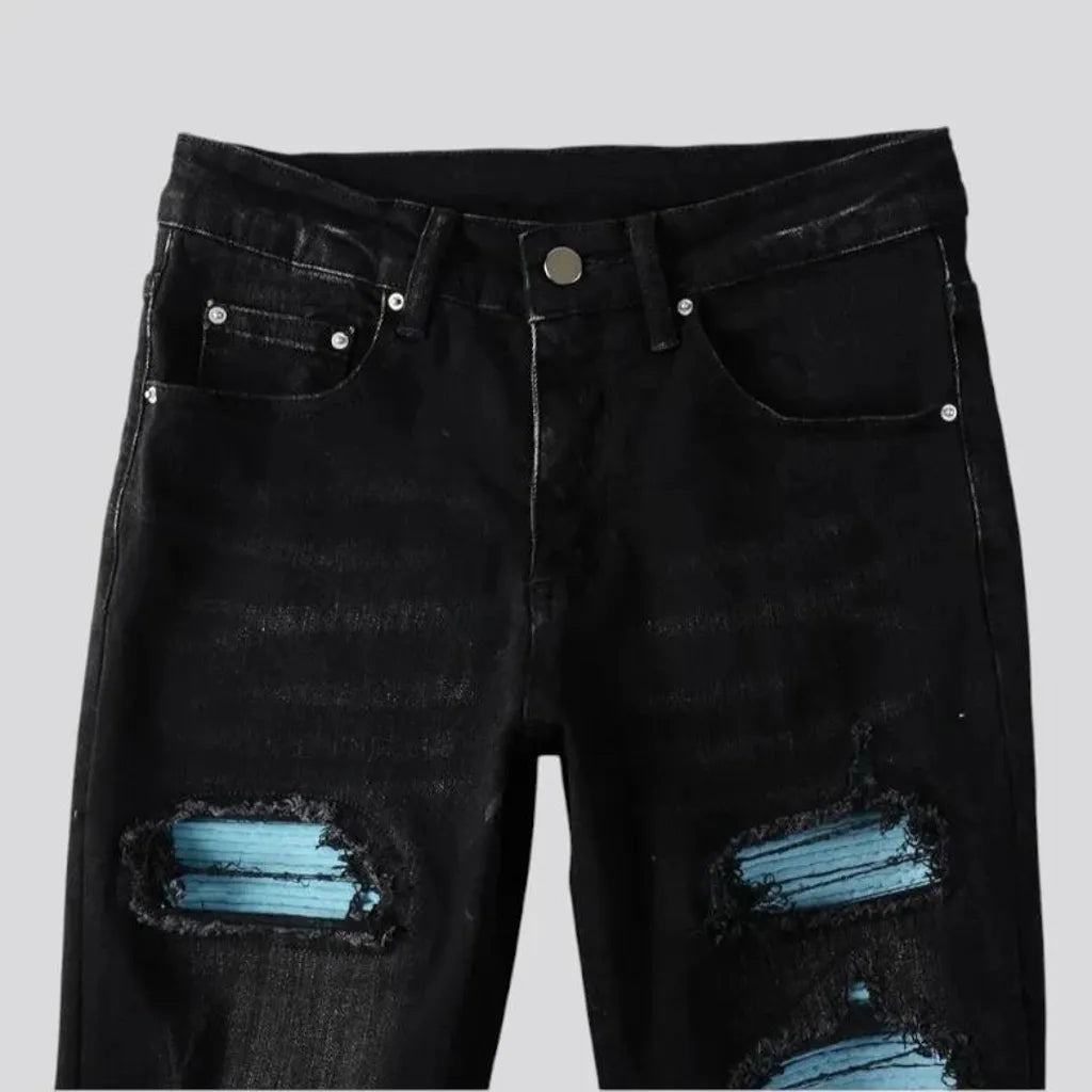 Skinny distressed patchwork motorcycle men's jeans