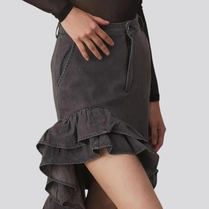 Fashion ruffled high-waist denim skirt