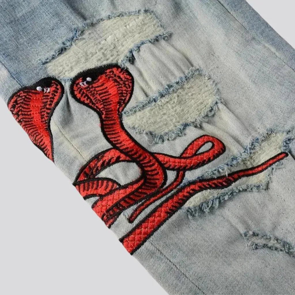 Sanded embroidered skinny red-cobra men's jeans