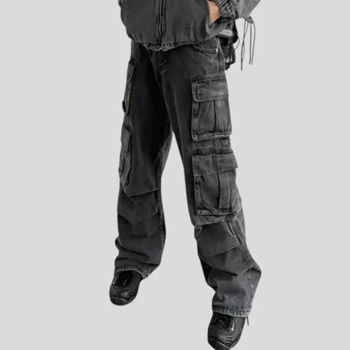 Baggy cargo pockets faded jeans for men