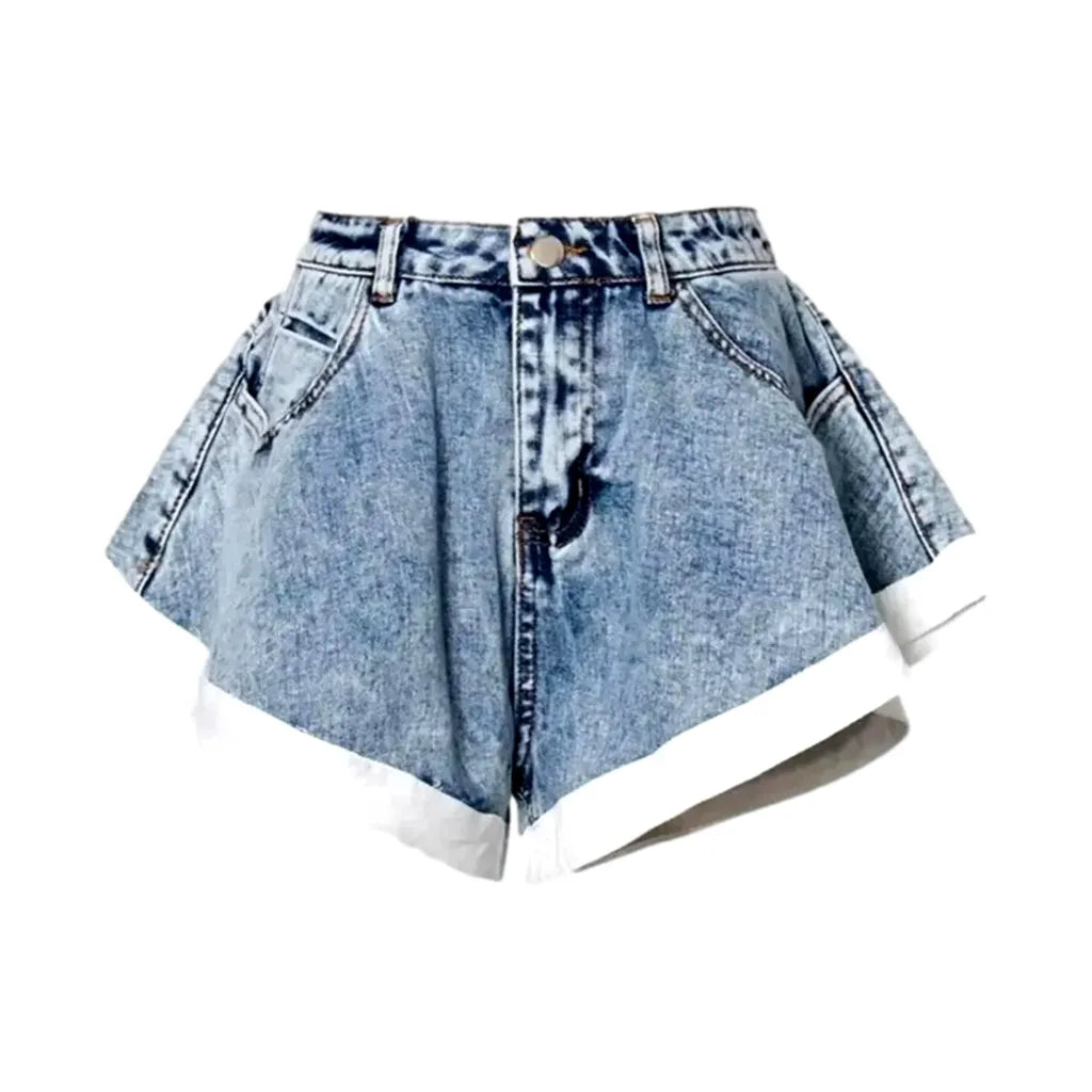 Vintage Light Pattern Jeans Shorts for Women - Light Blue