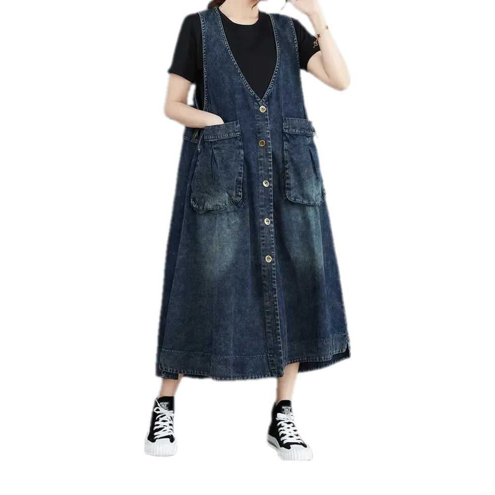 Dark Stonewashed Stylish Jean Dress - Dark Blue