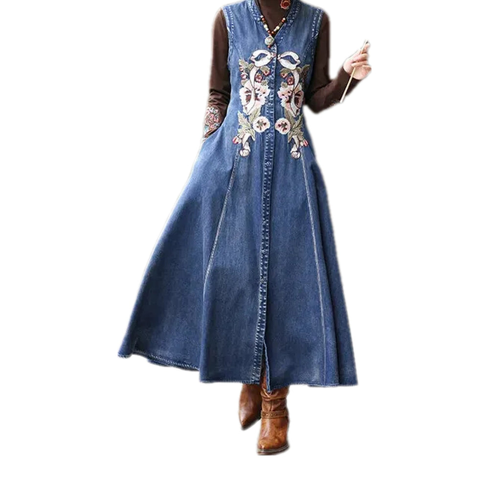 Embroidered Maxi Denim Dress - Blue