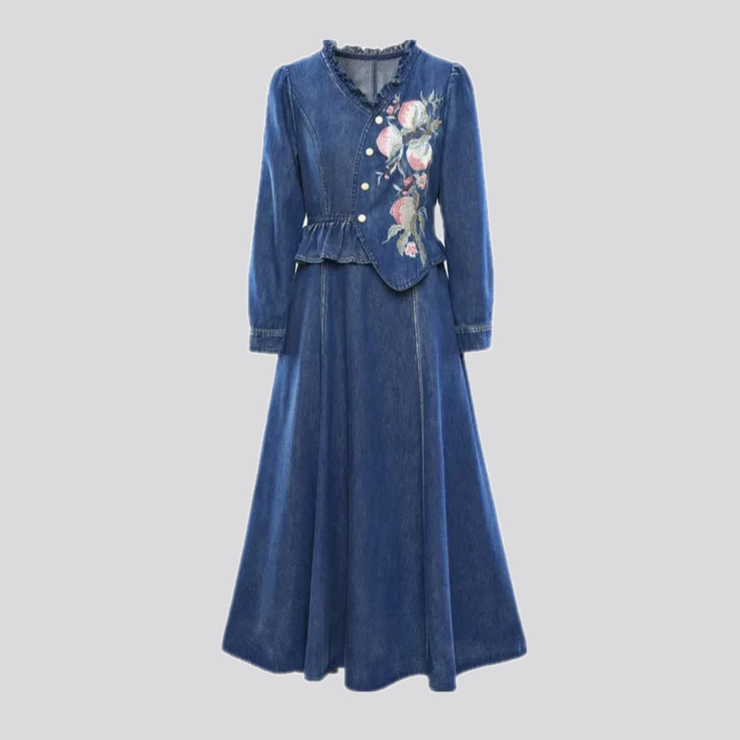 Maxi embroidered bell-shaped jean dress