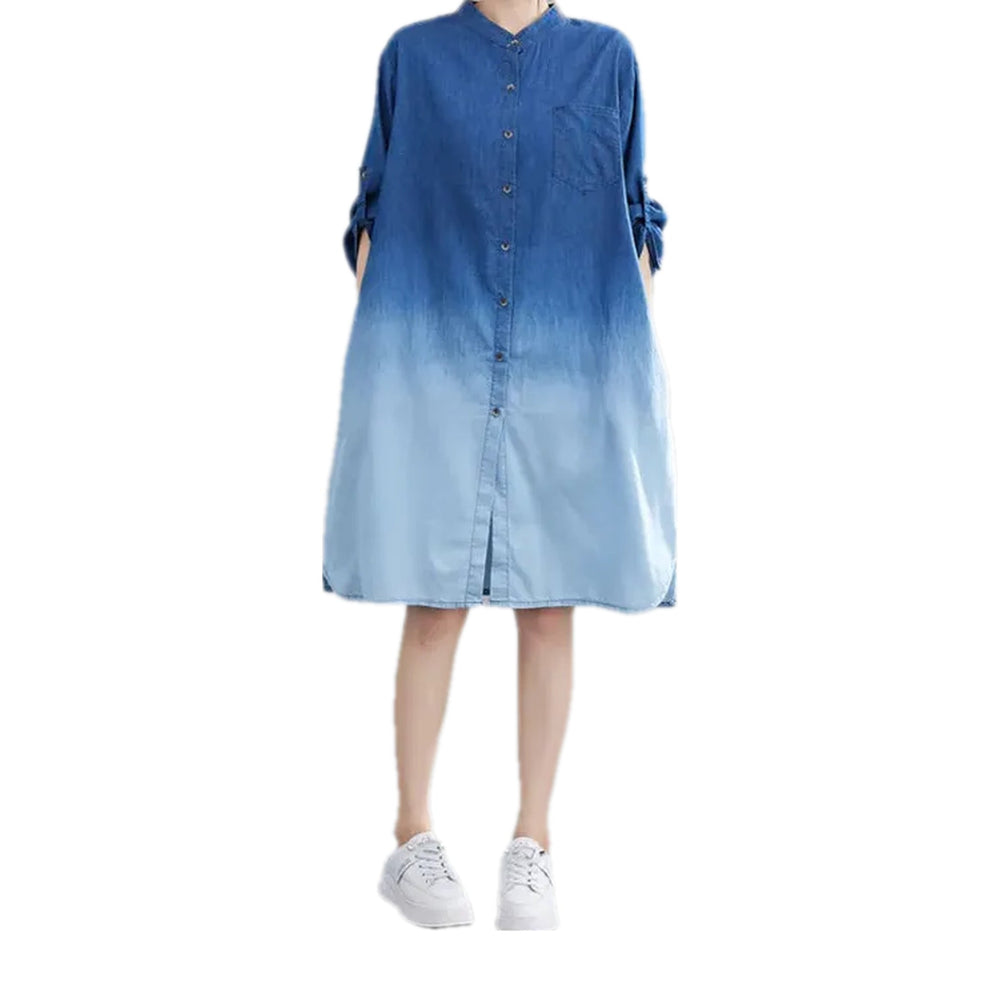 Ombre Side Hem Shirt Denim Dress - Blue