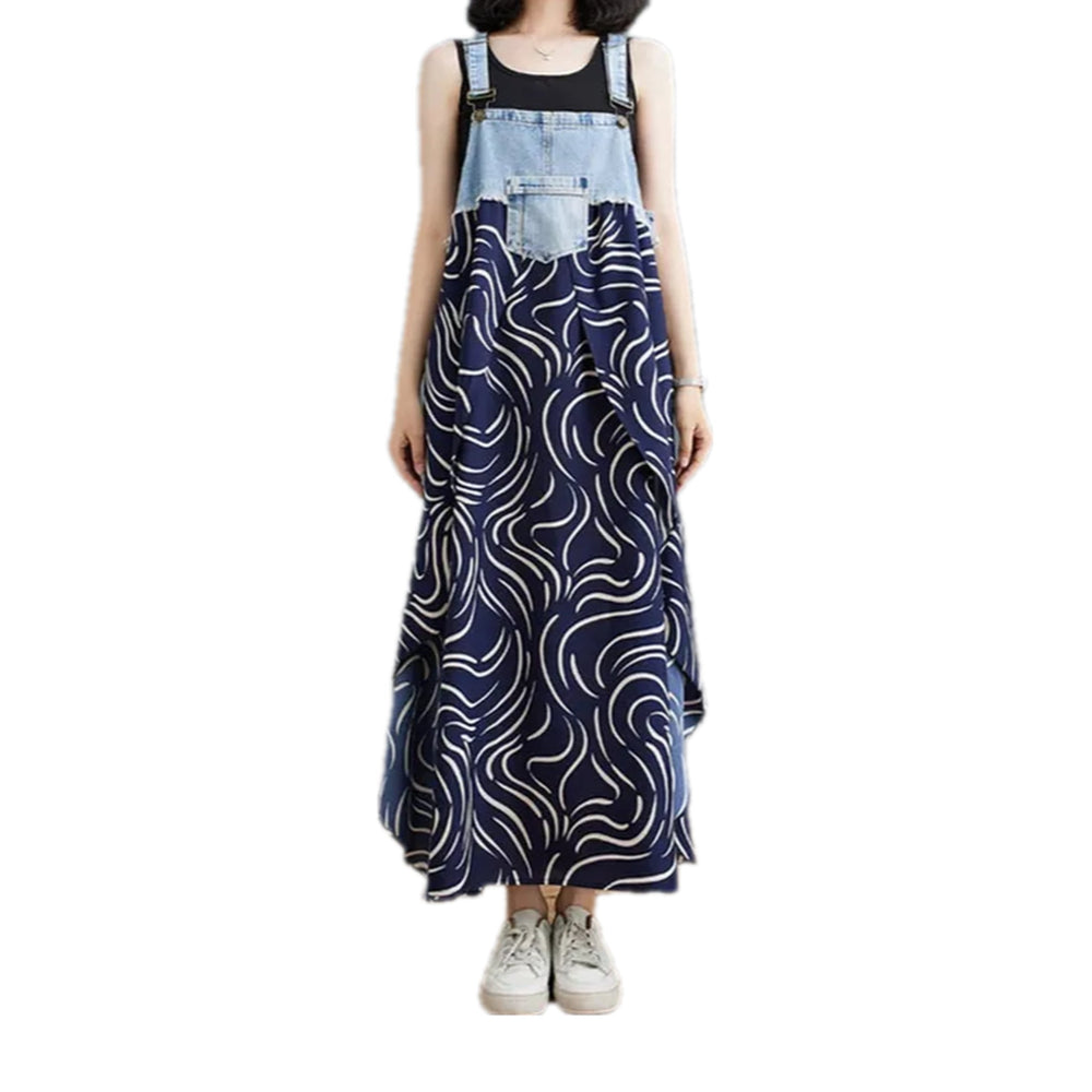 Graphic Flared Boho Jeans Dress - Dark Blue