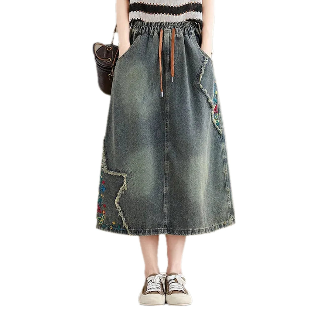 Maxi Length Embroidered Jeans Skirt - Grey