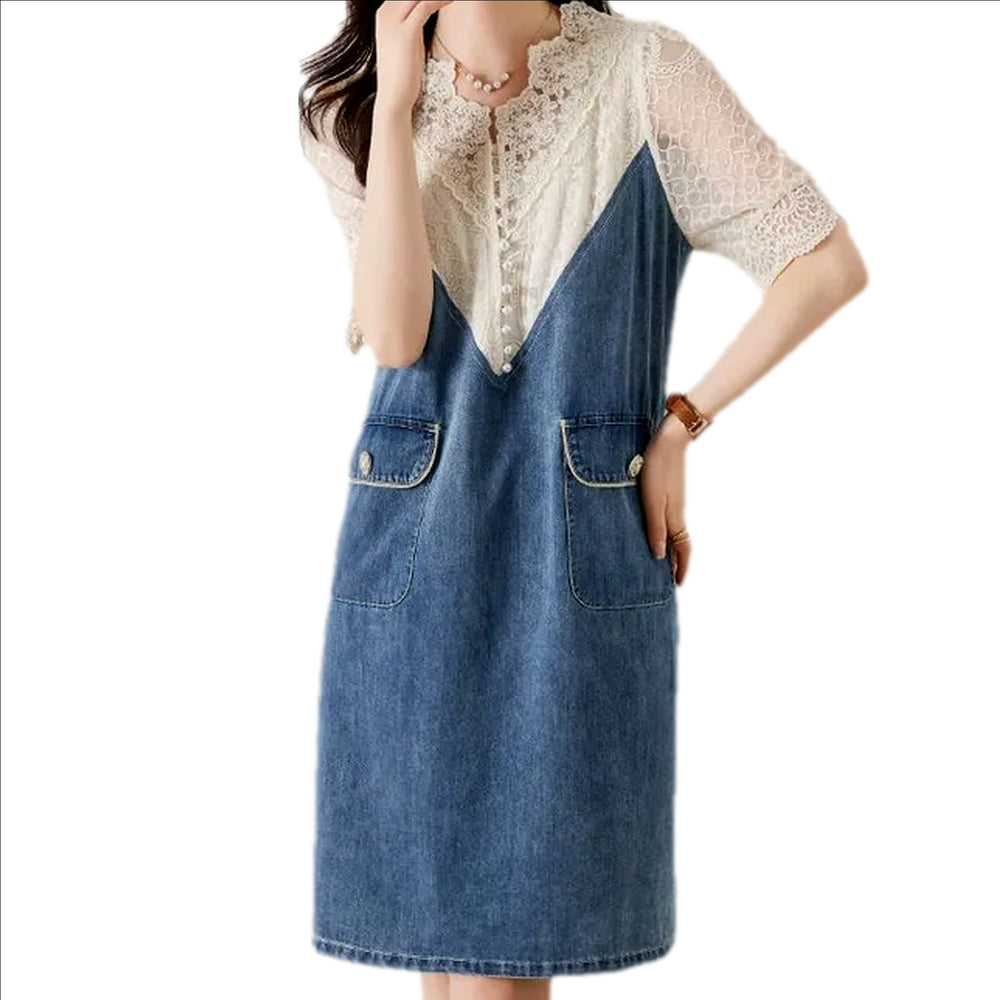 Casual Midi Denim Dress - Blue