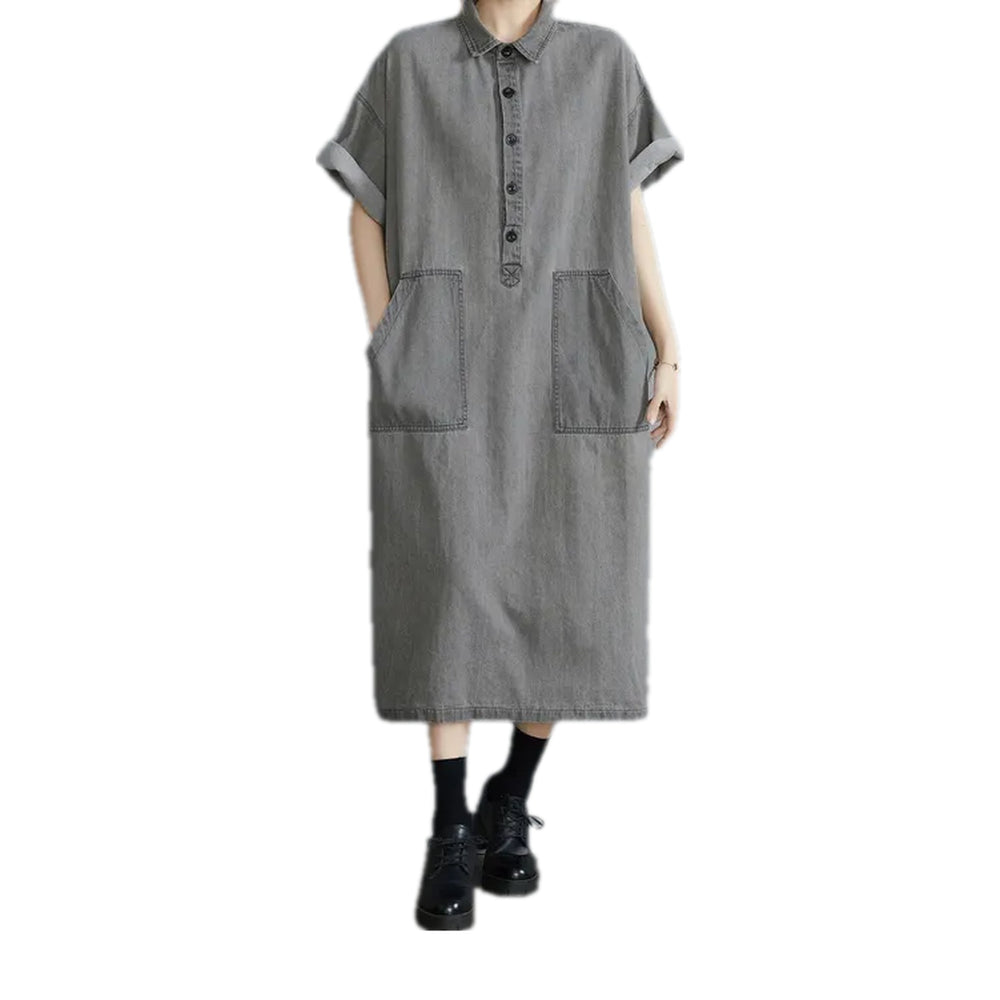 Single Color Side Hem Jean Dress - Grey