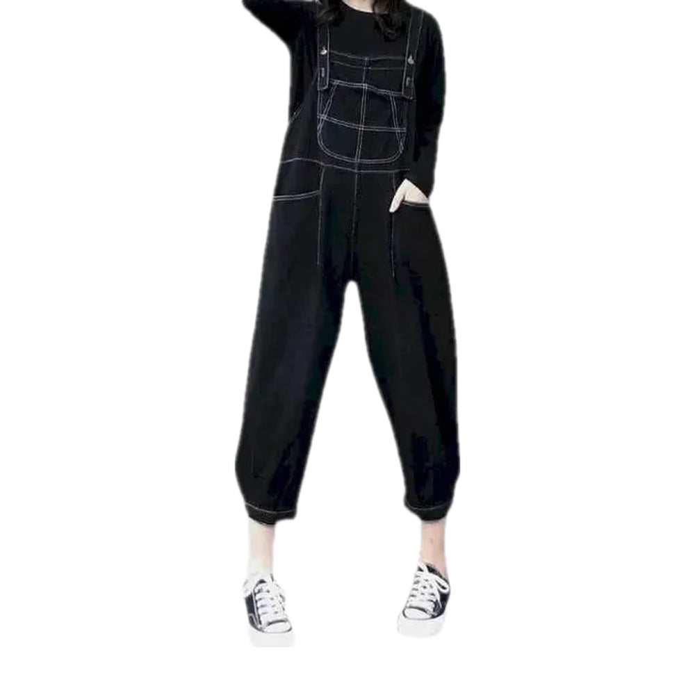 Casual Loose Fit Contrast Jeans Dungaree for Women - Black