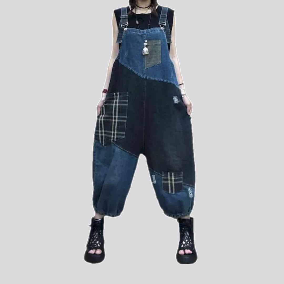 Chic boho checkered fit denim bib for women