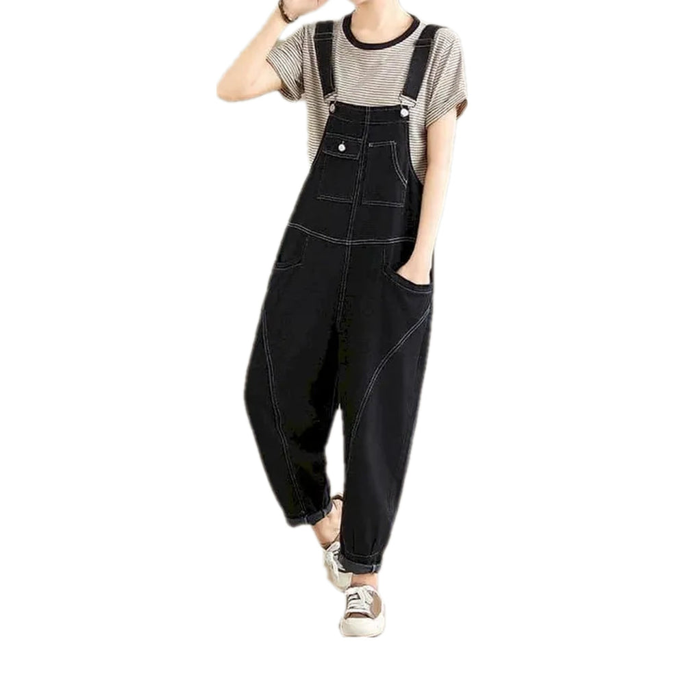 Baggy Fit Contrast Denim Bib for Women - Black