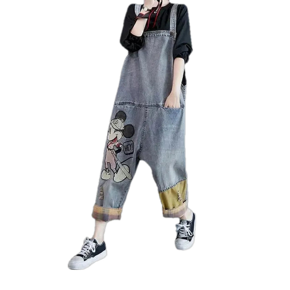 Baggy Fashion Mickey Mouse Jean Overall for Ladies - Light Blue