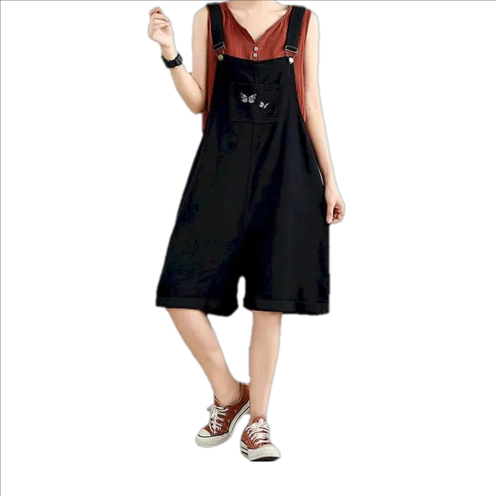 Embroidered Women's Denim Overall - Black