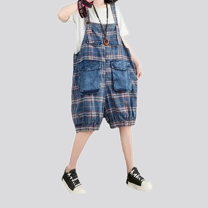 Checkered pattern baggy women's denim overall