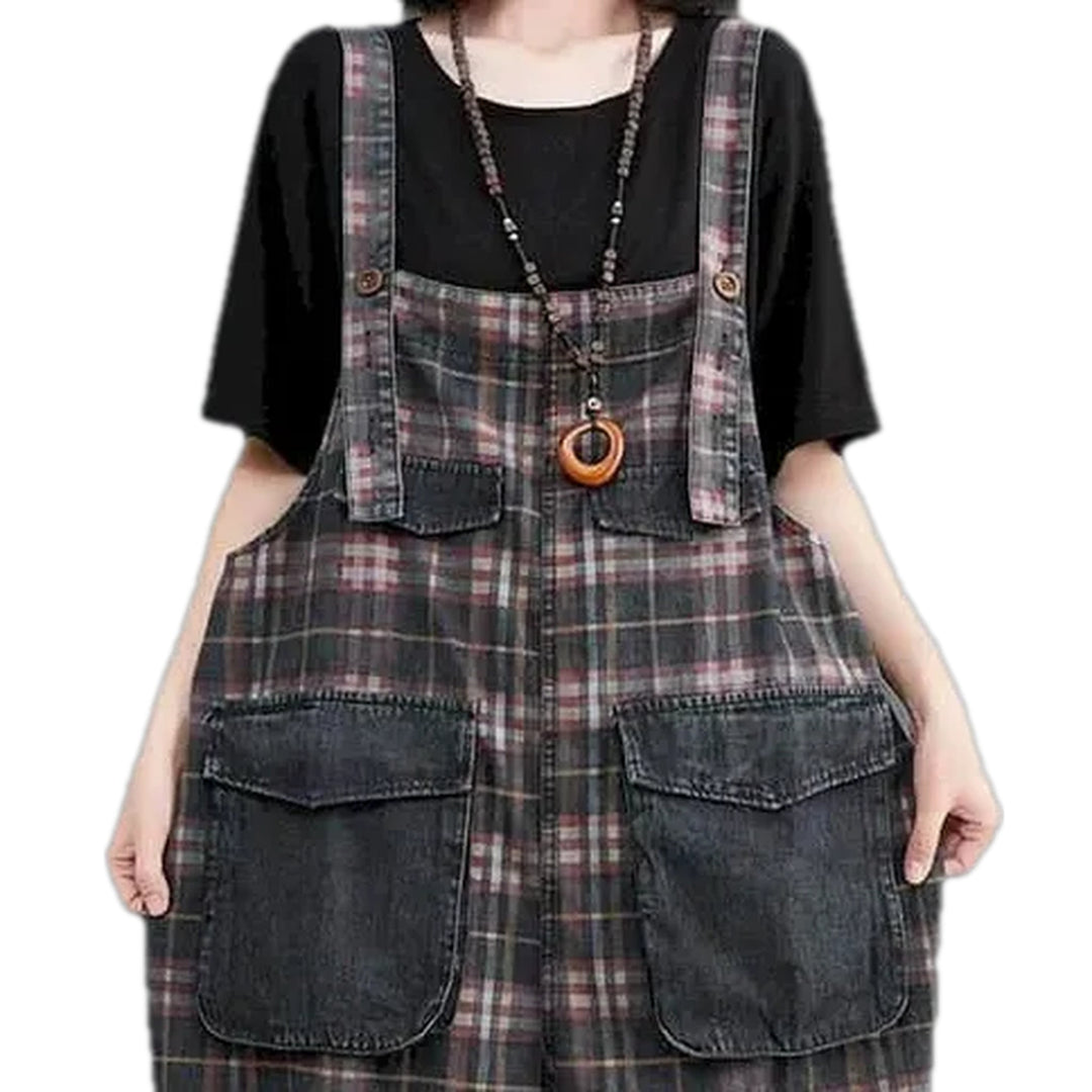 Checkered Pattern Baggy Women's Denim Overall - Black