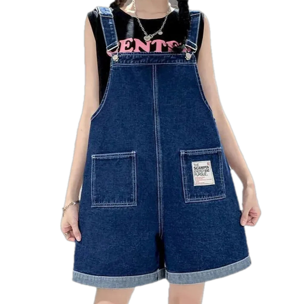 Slouchy Fit Rolled Hems Jean Overall for Ladies - Dark Blue