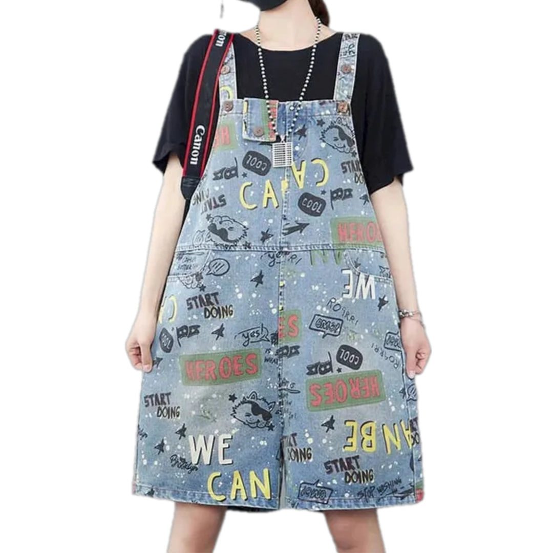 Baggy-fit Starry Graphic Denim Overall for Ladies - Light Blue