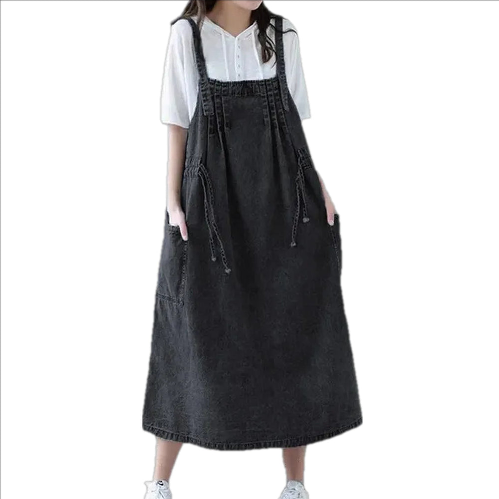 A-line Fashion Medium-length Denim Dress - Black