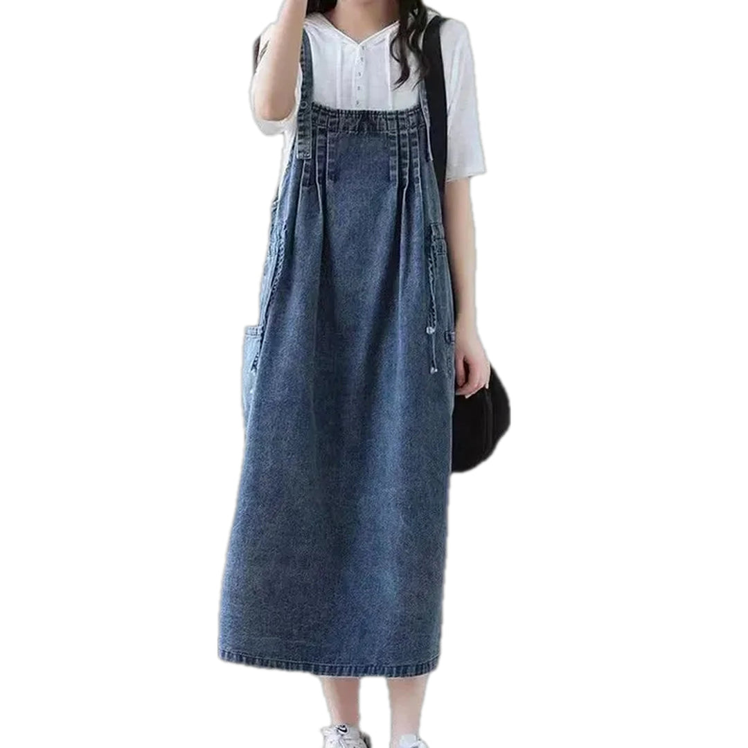 A-line Fashion Medium-length Denim Dress - Dark Blue