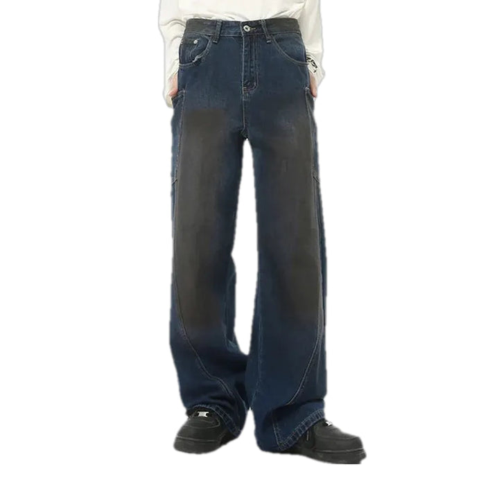 Boho Style Abraded Men's Jeans - Dark Blue