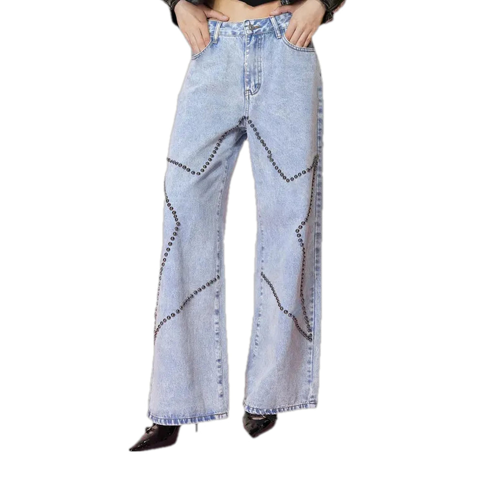 Embellished Studded Jeans for Ladies - Light Blue