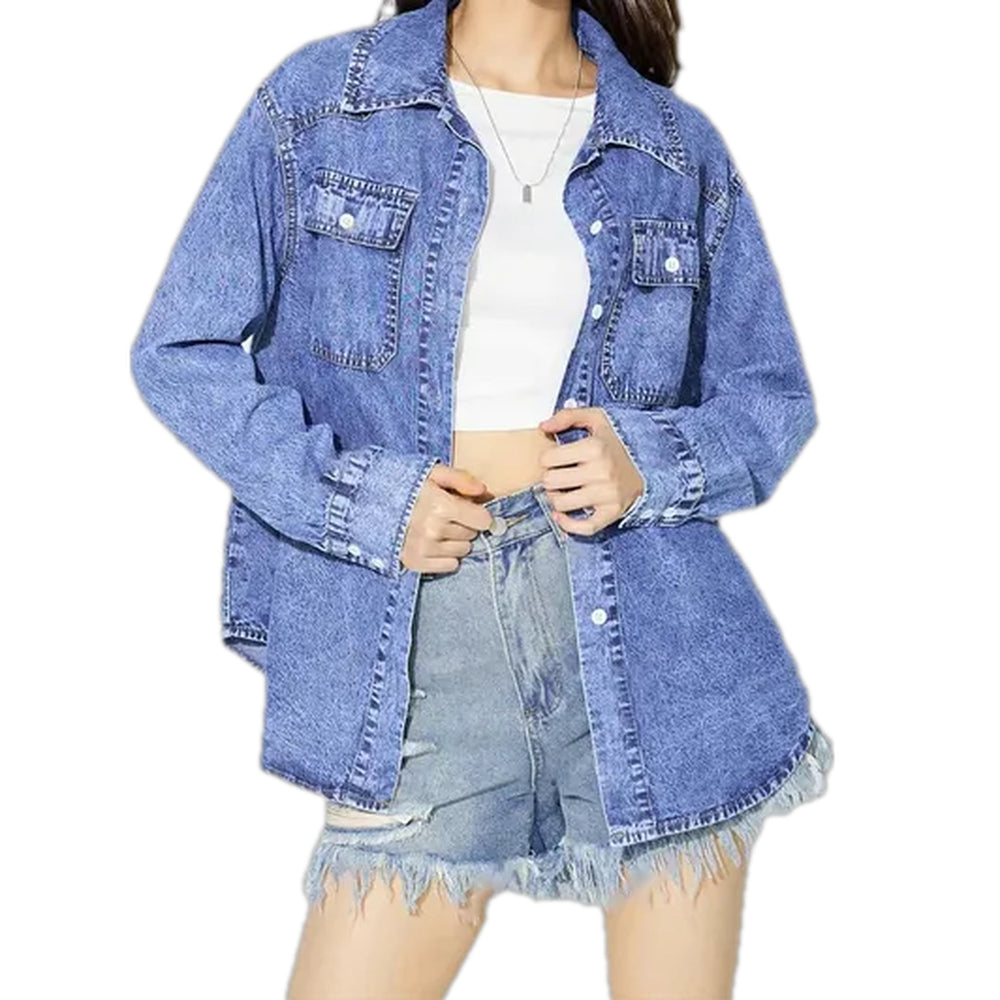 Fashionable Oversized Acid Women's Denim Jacket - Blue