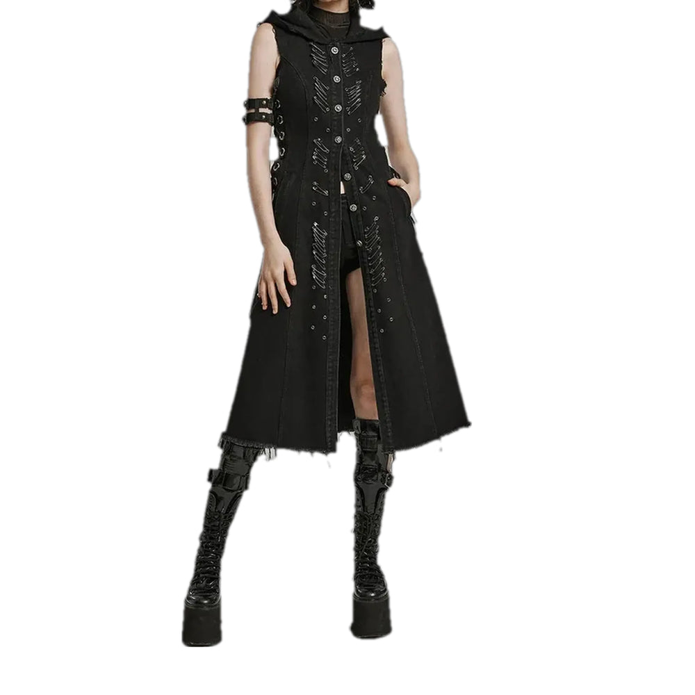 Decorated Metal Studs Denim Dress - Black