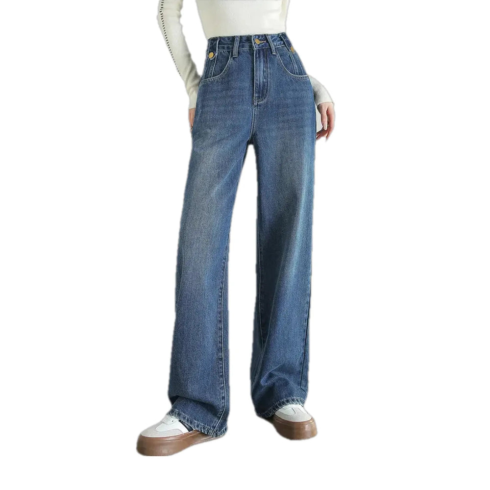 Casual Faded Lines Straight-cut Jeans for Women - Blue