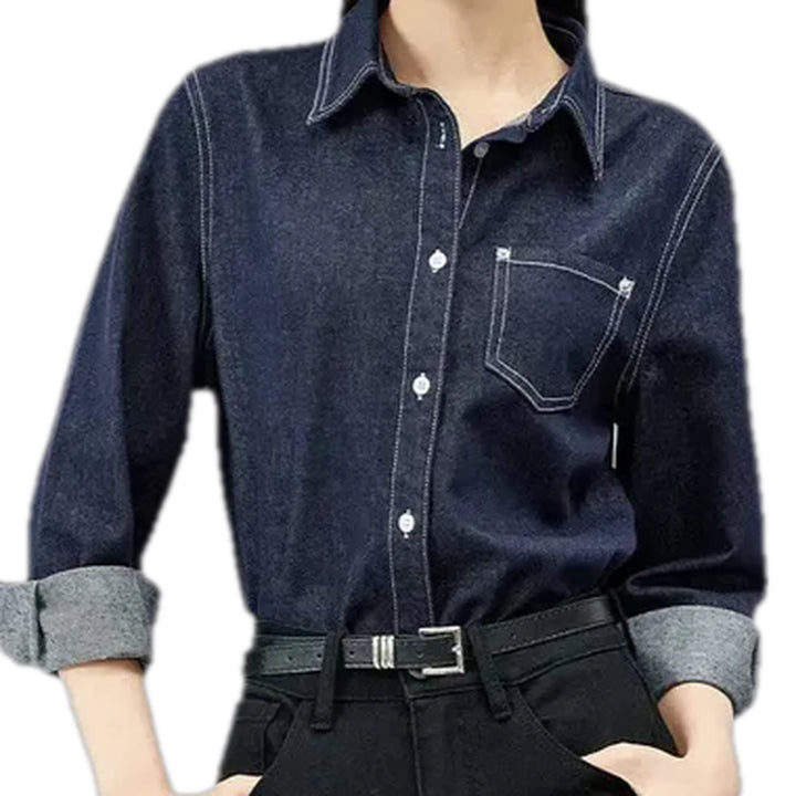 Linen Casual Style Dark Women's Denim Shirt - Dark Blue