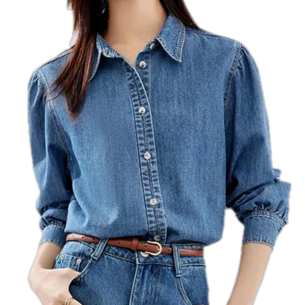 Casual Pattern Style Denim Shirt for Ladies - Blue