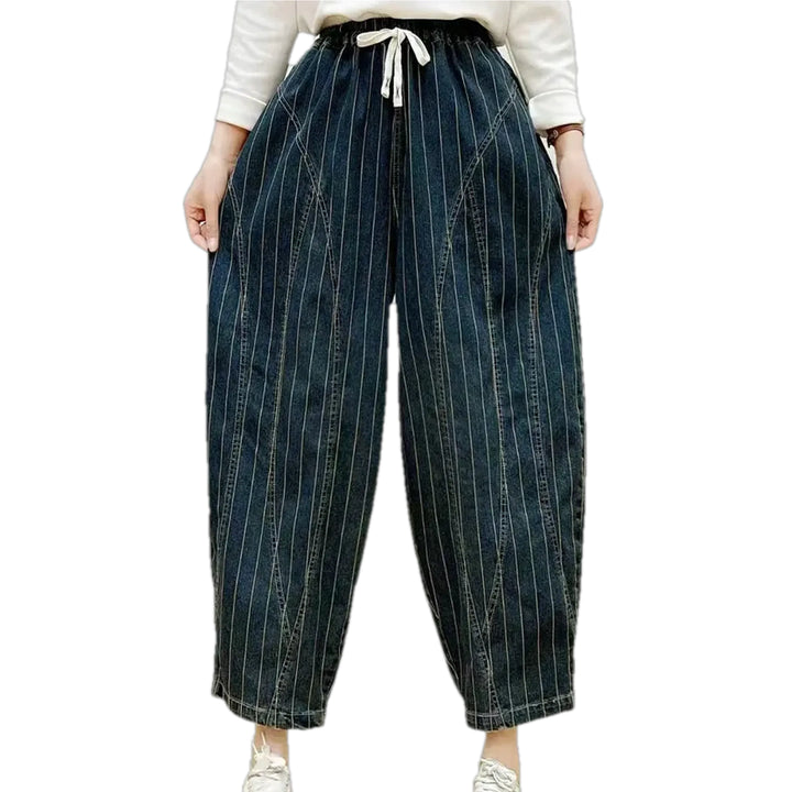 Baggy Medium Rise Striped Women's Denim Joggers - Dark Blue