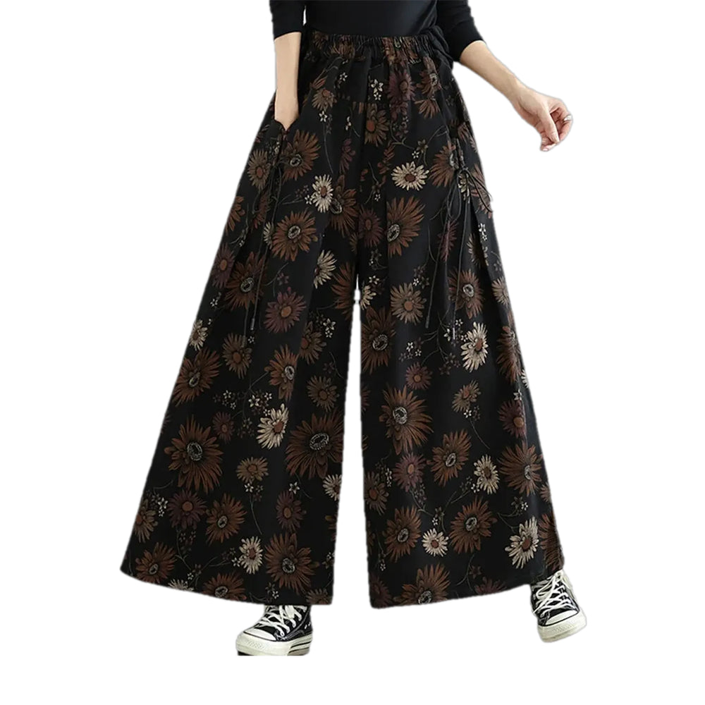 Boho Flared Floral Women's Denim Culottes - Black