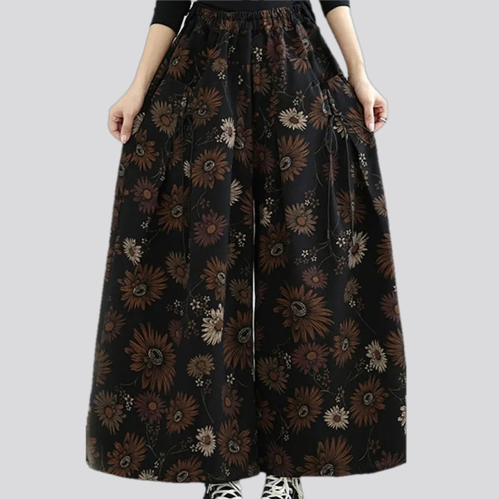 Boho flared floral women's denim culottes