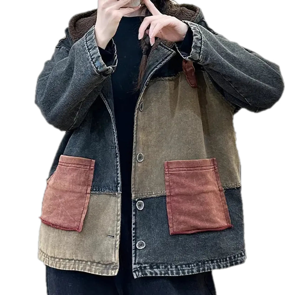 Oversized Patchwork Casual Women's Jean Jacket - Grey