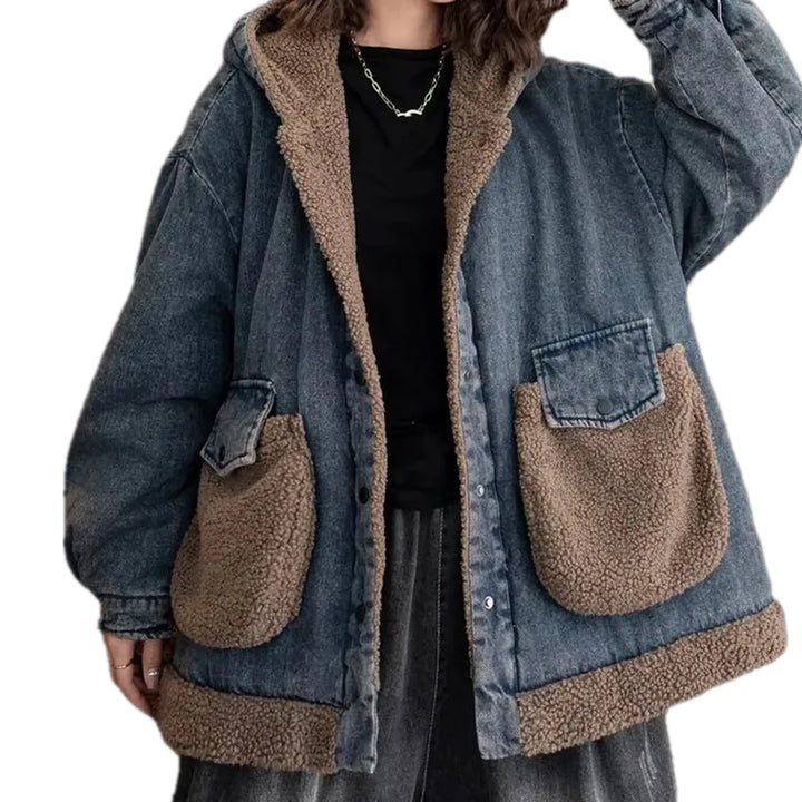 Boho Style Fur Trim Women's Jean Chore Jacket - Blue