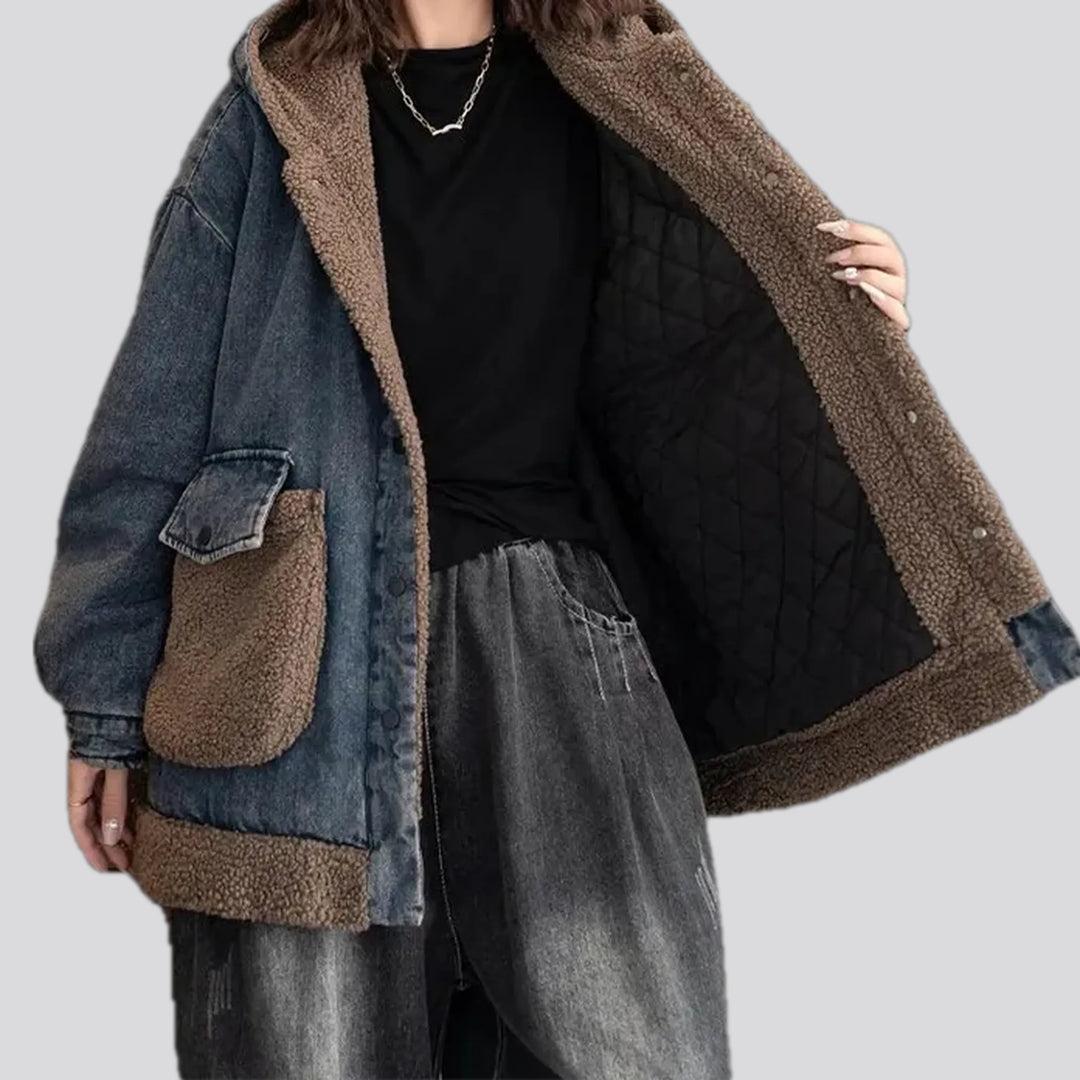 Boho style fur trim women's jean chore jacket